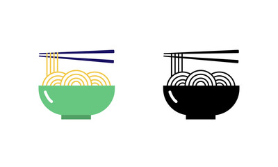 Noodles icon. A bowl of noodles and chopsticks. Chinese and Asian traditional cuisine. Logo illustration. Black solid and color vector icons isolated on white background