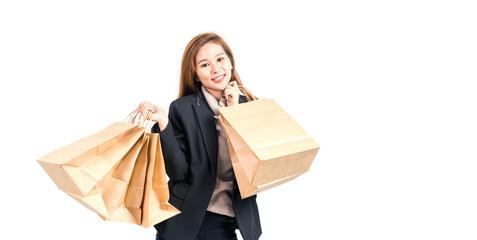 Entrepreneur young asian woman hold carry brown paper bag recycle on white background.