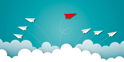 Red paper plane change direction from group on blue sky background as metaphor for business creativity new idea to discovering new business options, Individual and unique leader. paper art style.