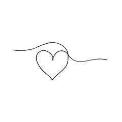 The heart is a continuous one-line drawing, a black and white vector minimalistic illustration of the concept of love, made from a single line