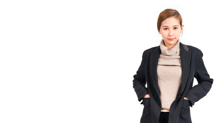 Portrait asian woman in suit with copy space for your advertisement or promotional text .