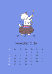 November 2023 calendar. Calendar template decorated with a cute white cat making magic potion in a big cauldron. Vector illustration 10 EPS.