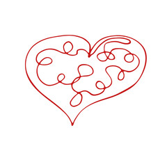 The heart is a black outline on a white background. Doodle style. A white heart. A cute hand-drawn heart highlighted on a white background. Pendant with a black outline for Valentine's Day