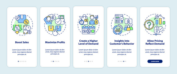 Fototapeta premium Dynamic pricing advantages onboarding mobile app screen. Boost sales walkthrough 5 steps graphic instructions pages with linear concepts. UI, UX, GUI template. Myriad Pro-Bold, Regular fonts used