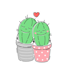 Valentine card. Couple of cute cacti in a flowerpot. Valentine's Day.  Vector characters for postcards and stickers.