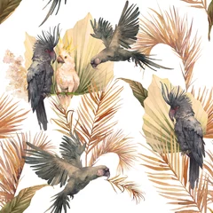 Photo sur Plexiglas Jungle  chambre des enfants Perroquets à l& 39 aquarelle et motif de feuilles tropicales. Texture transparente de la jungle. Papier peint ou design textile d& 39 oiseaux et de plantes exotiques