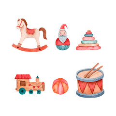 Watercolor set of toys. Hand drawn rocking horse, the train, drum and other