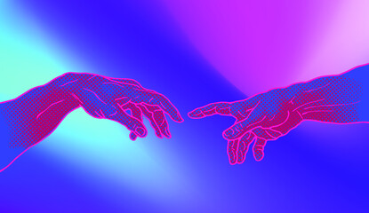 Vector hand drawn illustration from oh hands reaching for each other in colorful pink and blue vaporwave style halftone dot screen-printing. - obrazy, fototapety, plakaty