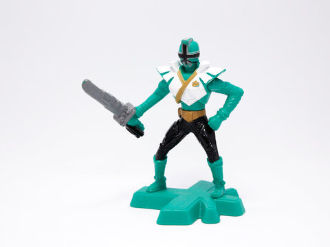 Power Rangers. Action figures. Toys of the characters of the television and movie series. Toys for children. Superheros. Green. Isolated Tokusatsu genre, version of Super Sentai Series.