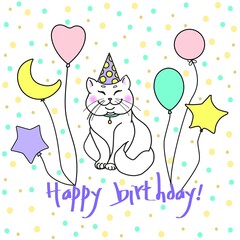 Cute cat with balloons, cartoon character clipart, birthday card, holiday design, t-shirt print, holiday packages. Vector illustration isolated on white background.