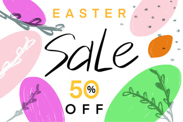Easter egg rabbit ear bunny sale 50 fifty percent promotion marketing offer march april month season greeting happy holiday calligraphy writting brush business celebrate festival summer event party 