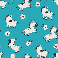 Seamless pattern with cute hand drawn zebras and flowers. Design for fabric, textile, wallpaper, packaging, decorating a nursery.