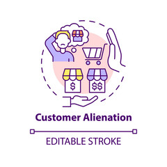 Customer alienation concept icon. Dynamic pricing drawback abstract idea thin line illustration. Brand failure. Isolated outline drawing. Editable stroke. Roboto-Medium, Myriad Pro-Bold fonts used