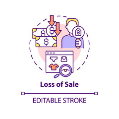 Loss of sale concept icon. Dynamic pricing disadvantage abstract idea thin line illustration. Lost revenues. Isolated outline drawing. Editable stroke. Roboto-Medium, Myriad Pro-Bold fonts used