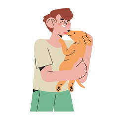 Boy character petting or play with dog. Children hug puppy vector illustration, happy smiling child with animal learn to take care or responsobility. Happy domestic dog owner vector illustration.