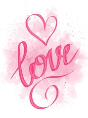 Drawn illustration of the inscription LOVE in pink letters on the background of hearts, abstraction.
