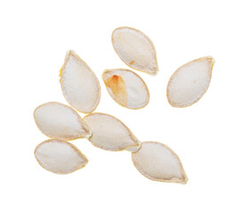 Close-up of pumpkin seeds on a white background. Macro