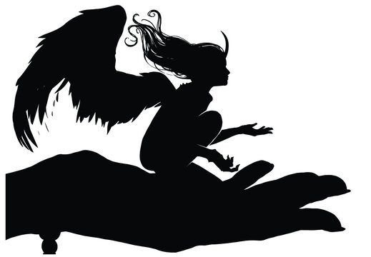 recommend clip art: A black silhouette with a woman with long on the palm of God, she is both an angel and a demon at the same time with horns and wings, she is sitting holding something intangible in her hand. 2d art