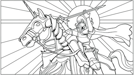 Linear coloring book with a beautiful anime-style knight girl riding a horse, they are wearing heavy, beautiful plate armor, the lady of war holds her sword over her head, lifting it to heaven. 2d art