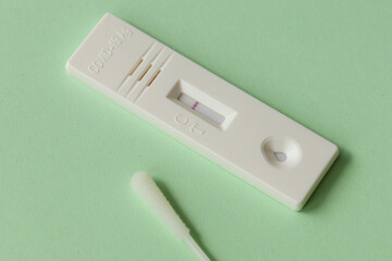 Close up of a rapid covid-19 test with a negative result. Express self-test coronavirus testing at home.