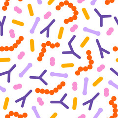 Fototapeta na wymiar Microbiome seamless pattern. Probiotic bacteria print - lactobacillus, bifidobacteria, acidophilus. Flat biology illustration.