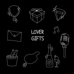 lover gifts with doodle style or hand drawn style, various kinds of gifts such as champagne, diamonds, jewelry, music, and others