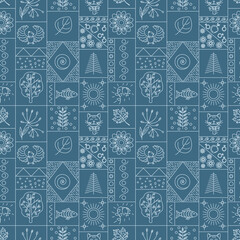 Seamless pattern with floral and animalistic elements. Monochrome drawings in the style of doodle and zentangle on an indigo background. Vector illustration.