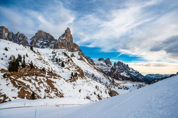 Passo Rolle and the Pale di San Martino. Dolomites in winter.