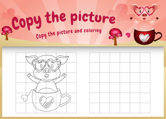copy the picture kids game and coloring page with a cute pigs using valentine costume