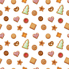 Seamless pattern with cookies. Vector colorful illustration on the white background.
