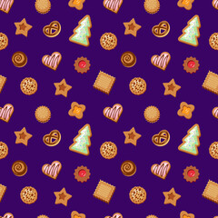 Seamless pattern with cookies. Vector colorful illustration on the dark background.