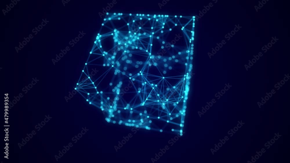 Aufkleber Abstract blue cube with connecting dots and lines. Big data visualization. Blockchain technology concept. Wireframe network connection structure. 3d rendering.