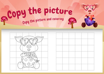 copy the picture kids game and coloring page with a cute pigs using valentine costume
