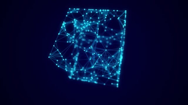 Abstract blue cube with connecting dots and lines. Big data visualization. Blockchain technology concept. Wireframe network connection structure. 3d rendering.