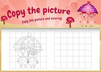 copy the picture kids game and coloring page with a cute pigs using valentine costume