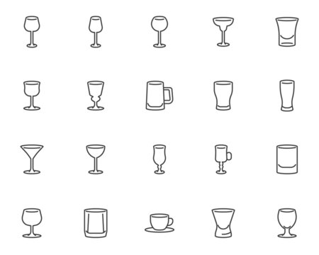 Bar glassware line icons set