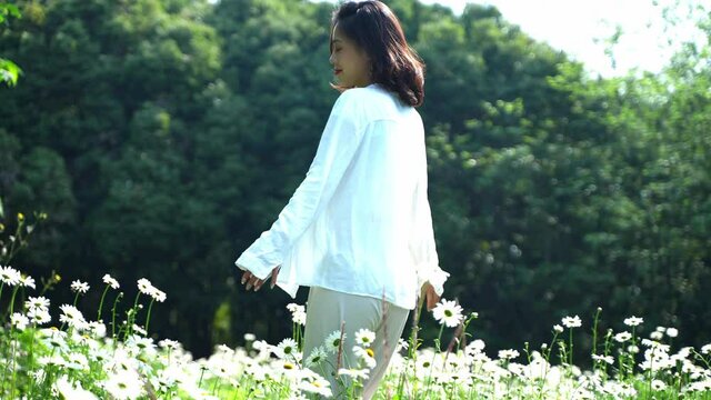 Slow motion of pretty young asian woman in white shirt walking in the blooming field enjoy the beautiful spring day
