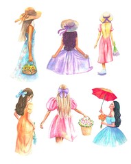 Set of six girls with bouquets of flowers, handmade watercolor illustration