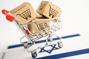 Box with shopping cart logo and Israel flag, Import Export Shopping online or eCommerce finance delivery service store product shipping, trade, supplier concept.