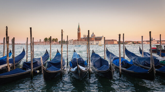  Gondolas moored docked on water in Venice. Gondoliers sailing San Marco basin waterway. San Giorgio Maggiore island with Campanile San Giorgio in Venetian Lagoon, blue clear sky, Veneto Region, Italy