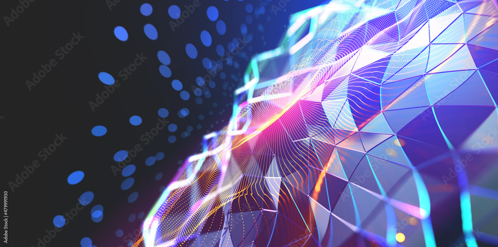 Aufkleber Neural network and cloud technologies. Global database and artificial intelligence. Big data concept. Bright, colorful 3D illustration of polygonal network, cybersecurity and internet busines