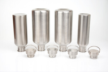 metal steel water flasks on white background