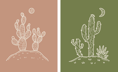 Moon Desert Cactus Boho Warm Colors Minimal Botanical Vector Illustration Set - obrazy, fototapety, plakaty