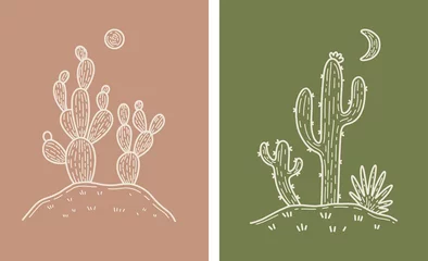 Foto op Canvas Moon Desert Cactus Boho Warm Colors Minimal Botanical Vector Illustration Set © Levin