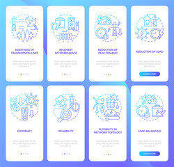 Smart grid blue gradient onboarding mobile app screen set. Electricity walkthrough 4 steps graphic instructions pages with linear concepts. UI, UX, GUI template. Myriad Pro-Bold, Regular fonts used