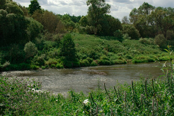 View of a turbulent section of a small river among fields and trees. The Upa River in Russia, the nature of the middle lane.