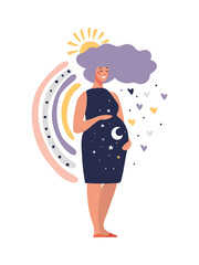 Happy pregnant young mommy, rainbow and sun, harmonious pregnancy and balance concept, planning and conceiving a child. Flat cartoon illustration isolated on white background.