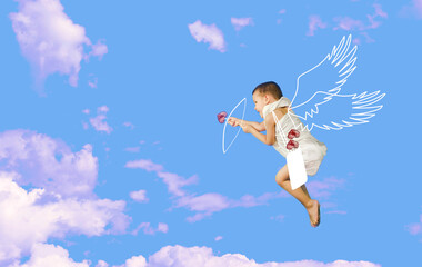 Banner happy toddler boy cupid in costume angel dress, wings, bows and hearts arrow isolated on sky...