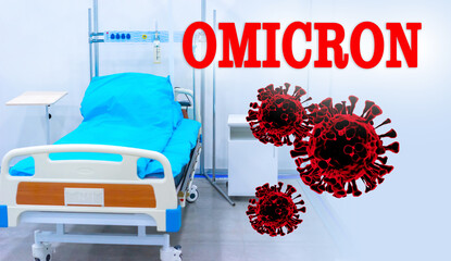 Omicron is coronavirus viral disease. Covid-19 infection mutation. Bed for sick person. Covid-19...