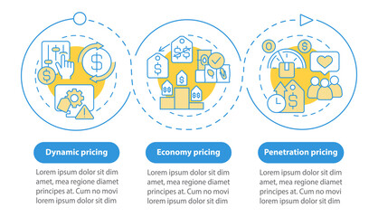 General pricing methods blue circle infographic template. Data visualization with 3 steps. Process timeline info chart. Workflow layout with line icons. Myriad Pro-Bold, Regular fonts used